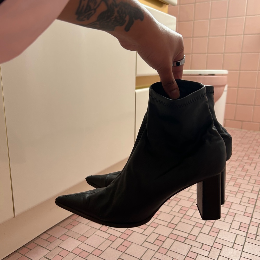 INTENTIONALLY BLANK Leather Pointed Black Heeled Boot